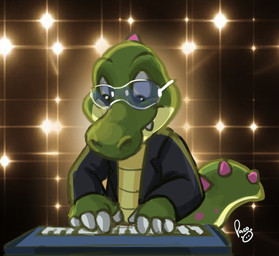 anthro black_clothing black_jacket black_topwear closed_smile clothed clothing eyewear fangs front_view glasses glistening glistening_eyes green_body jacket keyboard_instrument logo male mouth_closed musical_instrument open_clothing open_jacket open_topwear playing_music smile solo teeth topwear yellow_body young young_anthro young_male pandapaco crocodile crocodilian reptile scalie 2017 artist_logo signature