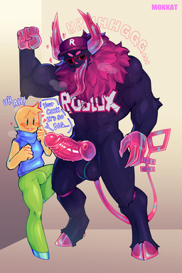 2_horns 2_toes 4_fingers anthro balls big_penis black_body black_fur blue_clothing blue_topwear bodily_fluids bottomwear bulge clothed clothed_male clothing dialogue duo erection feet fingers footwear fully_clothed fur genital_fluids genitals glans glistening glistening_genitalia glistening_horn glistening_penis glistening_tongue green_bottomwear green_clothing hat hat_only headgear headgear_only headwear headwear_only heart_symbol high_heels hooves horn humanoid_genitalia humanoid_penis hybrid_genitalia hybrid_penis kabedon knot knotted_humanoid_penis knotted_penis long_tail long_tongue looking_at_genitalia looking_at_penis male male/male mostly_nude mostly_nude_anthro muscular muscular_anthro neck_tuft open_mouth penile_spines penis precum red_body red_fur red_tail shoes size_difference sleeveless_shirt standing tail toes tongue topwear tuft unguligrade mokkat forsaken_(roblox) guest_666_(forsaken) noob_(forsaken) noob_(roblox) demon human mammal robloxian 2025 2:3 absurd_res hi_res nonbinary_(lore)