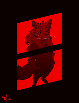 anthro bottomwear claws clothing eyewear glasses hands_in_both_pockets high-angle_view looking_at_viewer male pants plantigrade rectangular_glasses shirt solo t-shirt topwear whiskers pandorabarks canid canine fox mammal absurd_res hi_res red_theme restricted_palette signature
