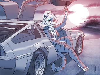 anthro beach bikini breasts car clothed clothed_anthro clothed_female clothing female fur hair solo striped_body striped_fur stripes swimwear two-piece_swimsuit vehicle heresy_(artist) delorean aegis_(infinitedge) felid mammal pantherine tiger