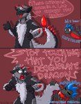 anthro armlet dialogue duo eating gem male ruby_(gem) sapphire_(gem) tail text snaildoki capcom monster_hunter mythology corops_blackscale skadi_(lupus_impetum) dragon fanged_wyvern mythological_creature mythological_scalie scalie stygian_zinogre wingless_dragon zinogre absurd_res hi_res