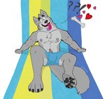 anthro areola armpit_hair biped bodily_fluids body_hair bulge chest_tuft clothed clothing dripping drooling fur grey_body grey_fur grey_nipples heart_symbol lying male mature_anthro mature_male muscular muscular_anthro muscular_male nipples pawpads pecs saliva shirtless shirtless_male sitting solo spread_legs spreading text tongue tongue_out topless topless_anthro topless_male tuft kodiff_wolff canid canine canis mammal wolf hi_res