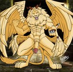 anthro balls feathered_wings feathers fur genitals horn humanoid_genitalia humanoid_penis male multi_eye multi_wing muscular muscular_anthro muscular_male nipple_piercing nipples open_mouth penis piercing pubes solo tail teeth_showing wings yellow_body yellow_eyes yellow_fur hazker delicious_in_dungeon winged_lion_(delicious_in_dungeon) felid lion mammal pantherine absurd_res hi_res