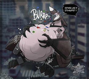 aircraft anthro belly big_belly black_body burping burping_up_clothing burping_up_object city city_background claws eyes_closed grey_body gurgle_(sound_effect) hand_on_belly huge_belly logo machine macro macro_pred male male_pred mass_vore metallic_body motion_lines multiple_prey onomatopoeia open_mouth outside rumbling_stomach sitting smile solo sound_effects teeth text vehicle vore sentinelwinder european_mythology mythology su-33_winder_(sentinelwinder) aeromorph dire_machine dragon living_aircraft living_machine living_vehicle mythological_creature mythological_scalie scalie western_dragon 2025 artist_logo english_text signature watermark