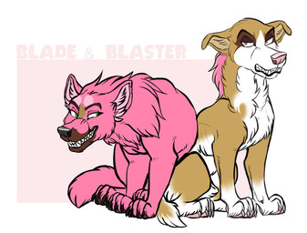 ambiguous_feral ambiguous_gender animal_genitalia bared_teeth black_nose brown_body brown_fur cheek_tuft duo facial_tuft fangs feral floppy_ears fur genitals green_eyes looking_aside male male_feral narrowed_eyes neck_tuft pawpads pink_body pink_eyes pink_fur pink_nose pink_pawpads sheath simple_background sitting teeth tuft white_body white_fur kodaac canid canine canis domestic_dog mammal hi_res male_(lore)