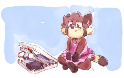 age_regression ambiguous_gender anthro bodily_fluids crying duo female feral fixing lotus_pose screwdriver sitting tears tools young young_anthro young_female coffeeblend108 nintendo wii cofi_(coffeeblend) canid canine mammal murid murine procyonid raccoon raccoon_dog rat rodent tanuki hi_res