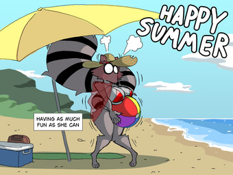 anthro ball beach beach_ball beach_umbrella bikini bikini_top blush blush_lines clothing embarrassed female hat headgear headwear inflatable parasol raccoon_tail sand sea solo straw_hat sun_hat swimwear tail tail_strap text two-piece_swimsuit water diegutan uva_the_raccoon mammal procyonid raccoon absurd_res aliasing binary_drawing digital_drawing_(artwork) digital_media_(artwork) english_text hi_res