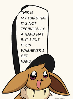 ambiguous_gender brown_body brown_fur clothing feral fur headgear headwear humor open_mouth simple_background smile solo text sunspikevee nintendo pokemon women_want_me_fish_fear_me eevee generation_1_pokemon mammal pokemon_(species) aliasing binary_drawing digital_drawing_(artwork) digital_media_(artwork) english_text hi_res meme