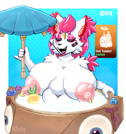 adhesive_bandage anthro areola bathtub belly big_belly big_breasts big_nipples breasts cheek_tuft coral_buddies facial_tuft female fluffy fluffy_ears gold_(metal) gold_jewelry gold_piercing gradient_background hair huge_breasts hyper hyper_breasts jewelry nipples piercing ponytail pool_float simple_background solo thick_thighs tuft umbrella kixly epic_games fortnite kimiko_five-tails canid canine fox mammal absurd_res hi_res