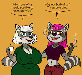 anthro areola_outline big_breasts breasts cigarette clothed clothing container cup dialogue duo ear_piercing ear_ring female huge_breasts jewelry looking_at_viewer mature_anthro mature_female medium_breasts navel navel_piercing necklace nipple_outline overweight overweight_anthro overweight_female piercing ring_piercing smoke tea_cup teeth_showing thick_thighs tongue wide_hips liebeslied aunt_fanny_(liebeslied) trisha_(liebeslied) mammal procyonid raccoon