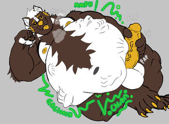 after_vore anthro anthro_pred brown_arms brown_body brown_fur brown_legs claws duo fur genitals grey_background hair male masturbation nipples penis rumbling_stomach simple_background touching_penis vore white_hair yellow_claws yellow_nipples yellow_penis xxglenn773xx canid canine mammal 2026