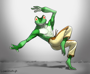 abs anthro countershade_torso countershading karate_pants male markings pecs red_eyes simple_background smile solo striped_markings stripes yellow_sclera lownleinhigh wralf_airrick_rockhold amphibian frog tree_frog hi_res signature