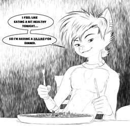 anthro city clothed clothing cutlery fork giga humor imminent_vore kitchen_utensils knife looking_at_viewer macro male male_pred shrunken_city solo speech_bubble text tools topless topless_male xtreme7 mordred canid canine fox mammal 1:1 2021 english_text hi_res monochrome