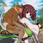 ambiguous_gender clothed clothing displacement duo female feral motorcycle vehicle what bubbacterial voiceroid touhoku_kiritan haplorhine human mammal monkey old_world_monkey primate proboscis_monkey hi_res