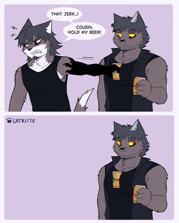 anthro beard beverage_can biped black_clothing black_shirt black_tank_top black_topwear brown_body brown_fur clothing duo facial_hair fur grey_hair hair male muscular muscular_anthro muscular_male red_eyes shirt tank_top topwear white_body white_fur yellow_sclera catkitte canid canine canis mammal wolf 2025 absurd_res hi_res