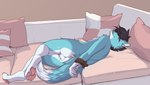 anthro anus arms_tied balls black_hair blue_body blue_eyes bound butt feet fluffy fluffy_tail foot_fetish foot_focus furniture genitals hair lying male nude on_side pawpads paws pillow sofa solo tail wide_hips drkot gemonous canid canine mammal hi_res