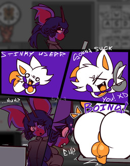 anthro antlers balls big_butt bow_tie butt clothing dialogue dipstick_tail duo fangs fur fur_tuft genitals hair hook hook_hand horn makeup male male/male markings onomatopoeia orange_body orange_penis orange_tongue penis perineum purple_background purple_body purple_cheeks purple_clothing purple_hair red_antlers red_body red_eyes shirt simple_background simple_coloring smile smiling_at_viewer sound_effects tail tail_markings teeth text tongue topwear tuft white_body white_eyes white_fur aujko five_nights_at_freddy's five_nights_at_freddy's_world five_nights_at_frickbear's five_nights_at_frickbear's_(series) five_nights_at_frickbear's_3 scottgames lolbit_(fnaf) lolbit_(frickbear's) lyg_(aujko) deer mammal new_world_deer pudu 2026 comic digital_media_(artwork) english_text hi_res