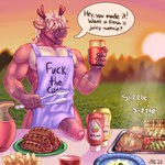 anthro antlers apron apron_aside barbecue biceps big_penis blue_apron blue_clothing clothed clothing cooking_tongs dialogue food foreskin fur genitals glans grass grill hair hair_over_eyes half-erect holding_object horn humanoid_genitalia humanoid_penis ketchup kitchen_utensils male mostly_nude muscular muscular_anthro muscular_male mustard nipples onomatopoeia open_mouth outside pecs penis picnic plant simple_background skimpy sky smile solo sound_effects speech_bubble standing teeth text tongs tongue tools vein veiny_penis shon_arts ryker_(shonarts) deer mammal new_world_deer reindeer 1:1 2023 artist_name colored digital_drawing_(artwork) digital_media_(artwork) english_text hi_res shaded signature