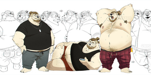 anthro barefoot beard belly belly_peeking_out bulge burger burger_in_mouth clothed clothing dog_tags eyewear facial_hair feet food front_view fully_clothed fur glasses hair hair_bun hoodie lying male moobs multiple_angles mustache nipples on_side open_mouth overweight overweight_male rear_view round_glasses side_view solo standing text topwear wearing_glasses white_body white_fur yawn riisago sil_(riisago) american_black_bear bear black_bear kermode_bear mammal ursine 2024 character_name full-length_portrait hi_res model_sheet multiple_images portrait species_name widescreen