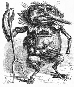 ambiguous_gender barrel bell claws cutlery featureless_crotch fork fur holding_object hooves kitchen_utensils leaf smile solo spoon tools louis_le_breton dictionnaire_infernal ribesal arthropod avian bird bovid caprine crab crustacean decapod goat humanoid hybrid insect malacostracan mammal 1863 19th_century ancient_art black_and_white hi_res monochrome signature