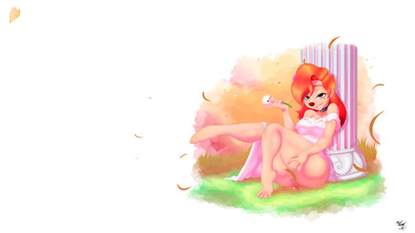 anthro barefoot bodily_fluids breasts brown_eyes brown_nose choker clothed clothing convenient_censorship dress ear_piercing eyelashes feet female flower front_view fur genital_fluids grass hair holding_flower holding_object jewelry long_hair looking_back mole_under_eye necklace no_underwear orange_hair piercing pillar plant sitting smile solo tan_body tan_fur vaginal_fluids white_clothing white_dress hiliwd disney goof_troop roxanne_rover canid canine canis domestic_dog mammal 16:9 hi_res wallpaper widescreen