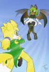 anthro areola balls black_penis breasts circumcised clothed clothing dark_body dark_skin dress duo erect_nipples female flaccid genitals gloves green_hair green_nipples hair handwear jewelry legwear male nipples panties penis torn_clothing underwear upskirt the_other_half sega sonic_the_hedgehog_(series) fan_character jennifer_(mileymouse) miles_yellow bat canid canine fox mammal 2016 digital_media_(artwork) hi_res