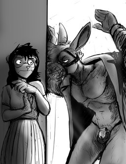 anthro balls blouse bodily_fluids bottomless bottomless_anthro bottomless_male bottomwear chastity_cage chastity_device clothed clothed_anthro clothed_female clothed_male clothing dominant dominant_in_chastity drooling duo exhibitionism eyewear female flashing flashing_penis genitals glasses looking_at_another male male/female muzzle_(object) muzzled open_clothing open_shirt open_topwear penis prison_cell saliva shirt skirt smile solid_chastity_cage standing tongue tongue_out topwear wearing_chastity_cage wearing_chastity_device wearing_glasses hladilnik donk_(hladilnik) marylin_(hladilnik) american_opossum asinus donkey equid equine mammal marsupial virginia_opossum 2025 black_and_white hi_res monochrome