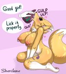 abdominal_bulge animal_genitalia animal_penis anthro ball_lick balls barefoot big_breasts blush bodily_fluids breasts cheek_tuft chest_tuft cum cum_in_mouth cum_inside deep_throat dialogue disembodied_hand drinking drinking_cum duo equine_genitalia equine_penis facial_tuft feet female fur genital_fluids genitals good_girl graded_penis heart_symbol licking long_penis male neck_bulge nipple_piercing nipple_ring nipples onomatopoeia oral oral_penetration penetration penis piercing ring_piercing sex simple_background sitting sound_effects speech_bubble swallowing tears text tongue tongue_out tuft yellow_body yellow_fur conditional_dnp sherilane bandai_namco digimon canid digimon_(species) equid equine horse mammal renamon english_text hi_res signature