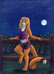 4_toes anthro barefoot blonde_hair breasts chakona_space clothing cougar digitigrade feet felid feline female fur hair kacey looking_up mammal midriff moon navel night orange_body orange_fur outside shirt solo stargazer_(goldfur) tail tank_top toes topwear