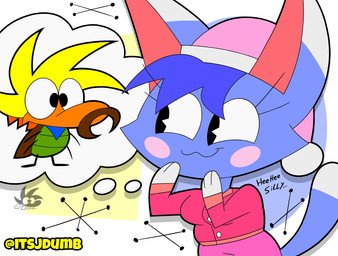 anthro black_eyes blonde_hair blue_body blue_hair blush breasts clothed clothing duo eyelashes female googie_aesthetic hair hat headgear headwear male nightcap nightgown pie_cut_eyes populuxe simple_background smile tail text jdone animal_crossing nintendo rayoshi rosie_(animal_crossing) arthropod beetle domestic_cat felid feline felis insect mammal 2025 digital_media_(artwork) english_text hi_res