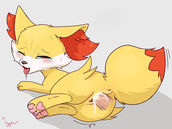 3_toes anus big_tail blush bodily_fluids cum cum_inside disembodied_penis duo ejaculation feet female feral genital_fluids genitals inner_ear_fluff looking_pleasured male male/female multicolored_body orange_eyes pawpads penetration penis pink_pawpads sex tail teeth toes tongue tongue_out tuft vaginal vaginal_penetration vulva yellow_body cozyfruit nintendo pokemon canid canine fennekin fox generation_6_pokemon mammal pokemon_(species) hi_res