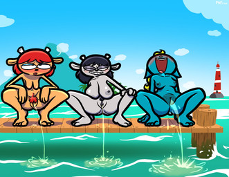 anthro beach big_breasts black_hair blonde_hair blue_body blue_fur blush bodily_fluids breasts crouching docks female female_peeing fur genital_fluids genitals grey_body grey_fur group hair horn lighthouse moan nipples nude nude_anthro nude_female orange_body orange_fur peeing peeing_in_water peeing_into_water peeing_outdoor peeing_outside peeing_together pubes public_urination red_hair red_pubes relieved sea shaved trio urine urine_stream vulva water watersports theenfman thepnfman parappa_the_rapper sony_corporation sony_interactive_entertainment um_jammer_lammy katy_kat lammy_lamb rammy_lamb bovid caprine domestic_cat felid feline felis mammal sheep digital_media_(artwork) hi_res