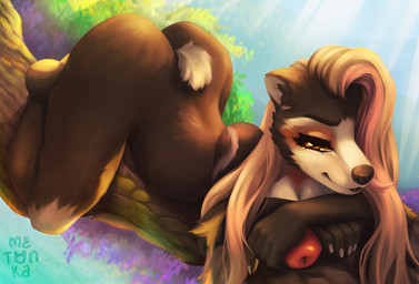 anthro apple arched_back big_butt black_lips blonde_hair brown_body butt claws detailed_background eyebrows eyelashes female fingernails food fruit hair hair_over_eye holding_apple holding_food holding_fruit holding_object lips long_hair looking_at_viewer nails narrowed_eyes nude one_eye_obstructed outside plant pose slim snout solo sunset tail thick_thighs tree wide_hips metonka bear mammal digital_media_(artwork) hi_res shaded