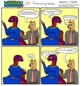 anthro clothing cochlear_implant_processor deaf dialogue duo electronics female jacket keikogi male martial_arts_uniform phone sitting snickering sportswear text topwear baristagamerproductions ada_(gem_hunters) alfonso_(gem_hunters) canid canine canis dingo mammal reptile scalie snake absurd_res comic english_text hi_res