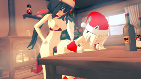 bent_over christmas_clothing christmas_headwear clothing duo female from_behind_position gynomorph hat headgear headwear holidays intersex intersex/female j0t4k4 knot santa_hat sex christmas hololive vtuber kurokami_fubuki shirakami_fubuki humanoid animated hi_res long_playtime webm