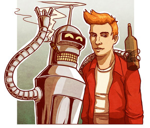 3_fingers antennae_(anatomy) arm_around_shoulders clothing duo fingers grey_body hair half-closed_eyes holding_beer_bottle jacket looking_at_viewer machine male narrowed_eyes not_furry orange_hair red_clothing red_jacket red_topwear shirt smoke smoking standing topwear white_clothing white_shirt white_topwear rosiecoleman comedy_central futurama bender_bending_rodríguez philip_j._fry human mammal robot