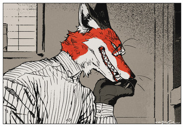 anthro black_body black_fur border claws close-up clothed clothing coffee_shop collared_shirt computer electronics eyewear fangs finger_claws fur glasses kemono laptop looking_at_viewer male pointy_ears red_body red_fur shirt sitting slim slim_anthro slim_male solo teeth topwear white_body white_border white_fur nagabe canid canine fox mammal 2024 signature