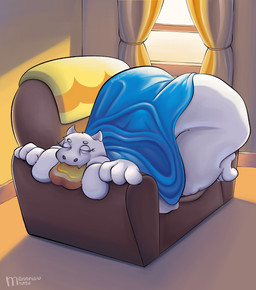 anthro ass_up bed_sheet bedding big_butt bread butt clothed clothing curtains eating eyes_closed female food furniture happy honey_(food) horn lying lying_on_sofa morning obese obese_female on_sofa overweight overweight_female partially_clothed sofa solo tired toast window manaria_opossum undertale_(series) toriel bovid caprine goat mammal absurd_res hi_res