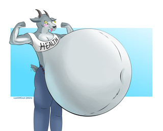 anthro belly belly_inflation belt big_belly blush blush_lines bottomwear breasts cleavage clothed clothing crop_top denim denim_bottomwear denim_clothing ear_piercing ear_tag female flexing flexing_bicep flexing_both_biceps fur geometric_background grey_body grey_fur horizontal_pupils horn huge_belly hyper hyper_belly inflation jeans navel pants piercing pupils scut_tail shirt short_tail simple_background solo tail tail_motion tailwag text text_on_clothing text_on_shirt text_on_topwear tongue tongue_out topwear vore yellow_eyes lustofgoat coffee_stain_studios epic_games fortnite goat_simulator pilgor_(goat_simulator) bovid caprine goat mammal 2024 absurd_res artist_name dated hi_res signature