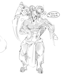 4_horns anthro arm_tuft arms_bent biped bottomwear bovid_horn caprine_horn clothed clothed_anthro clothed_male clothing curled_horn dialogue eye_scar facial_scar fur holding_melee_weapon holding_object holding_paper holding_polearm holding_scythe holding_weapon hooves horn leg_tuft loincloth loincloth_only long_horn looking_at_paper male male_anthro melee_weapon multi_horn muscular muscular_anthro muscular_male paper polearm ram_horn scar scythe shoulder_tuft solo speech_bubble standing straight_legs text topless topless_anthro topless_male tuft warrior weapon meckmeck00124 bovid caprine mammal sheep 2024 digital_drawing_(artwork) digital_media_(artwork) full-length_portrait greyscale korean_description korean_text monochrome portrait sketch tagme translation_request