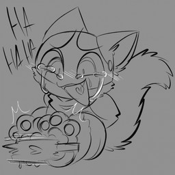 anthro bodily_fluids crying_laughing fangs feet fur grey_background hands_behind_back kerchief laugh male neckerchief neckwear open_mouth open_smile pawpads paws simple_background sitting smile solo tail tears teeth tickle_fetish tickling tickling_feet conditional_dnp the_unlucky_vandalist tuvandalist atlus megami_tensei persona_(series) persona_5 sega morgana_(persona) domestic_cat felid feline felis mammal 1:1 hi_res monochrome sketch
