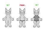 3_fingers ambiguous_gender anthro bottomwear clothing exclamation_point fingers green_text grey_body humor red_text shirt shorts simple_background solo standing t-shirt text topwear whiskers white_background sh-4rk domestic_cat felid feline felis mammal