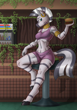 anthro armlet bottomwear breasts burger clothing diner ear_piercing ear_ring eyebrows female food fur furniture glistening glistening_body grey_body grey_fur hair holding_food holding_object hooves looking_at_viewer midriff mohawk navel neck_ring piercing restaurant ring_piercing shirt short_hair shorts sitting solo spandex spandex_shorts stool striped_body striped_fur stripes tank_top teal_eyes tight_bottomwear tight_clothing tight_shorts topwear veggie_burgers vending_machine anadukune friendship_is_magic hasbro my_little_pony zecora_(mlp) equid equine mammal zebra 2021 hi_res