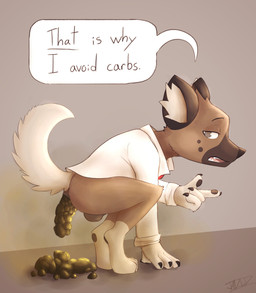 anthro anus balls barefoot black_pawpads bottomless bottomless_anthro bottomless_male brown_body brown_fur butt claws clothed clothing crouching eyebrows fart fart_cloud feces feces_on_ground feces_pile feet finger_claws fur genitals gesture gloves_(marking) grey_background grey_eyes half-closed_eyes hand_gesture hand_on_ground inner_ear_fluff leg_markings looking_at_viewer male male_farting male_pooping markings narrowed_eyes open_mouth pawpads paws pooping pooping_on_floor raised_eyebrows raised_tail scatplay simple_background socks_(marking) solo speech_bubble tail talking_to_viewer teeth text toe_claws toes tuft underlined_text white_body white_clothing white_fur white_inner_ear_fluff jadeder aggretsuko sanrio haida_(aggretsuko) hyena mammal spotted_hyena english_text hi_res signature