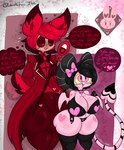 anthro big_breasts black_hair bra breasts clothing duo female hair horn male male/female pink_body red_body red_hair spade_tail suit tail text thick_thighs thong thought_bubble underwear lewdchuu_(artist) hazbin_hotel alastor_(hazbin_hotel) pyon_(lewdchuu) demon humanoid imp english_text hi_res