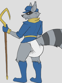 anthro black_nose blue_clothing blue_hat blue_headwear blue_topwear brown_eyes cane clean_diaper clothed clothing diaper facial_markings fur grey_background grey_body grey_fur hat head_markings headgear headwear looking_at_viewer male markings mask_(marking) ring_(marking) ringed_tail simple_background solo striped_markings striped_tail stripes tail tail_markings topwear wearing_diaper scripin sly_cooper_(series) sony_corporation sony_interactive_entertainment sucker_punch_productions sly_cooper mammal procyonid raccoon 2025 3:4 hi_res