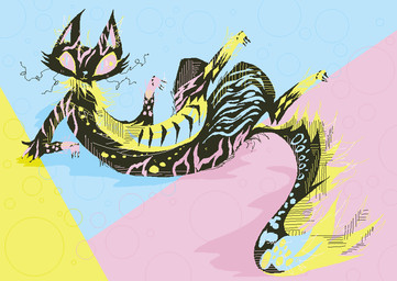 abstract_background ambiguous_gender blue_stripes feral fur pink_body pink_fur pink_stripes smile solo stripes yellow_body yellow_fur naircat domestic_cat felid feline felis mammal 2017 digital_media_(artwork) full-length_portrait microsoft_paint_(artwork) portrait