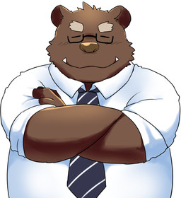 anthro brown_body brown_fur clothing cute_fangs eyes_closed eyewear fangs fur glasses male necktie overweight overweight_anthro overweight_male shirt simple_background solo teeth topwear white_background 12beat13 bear mammal 2015