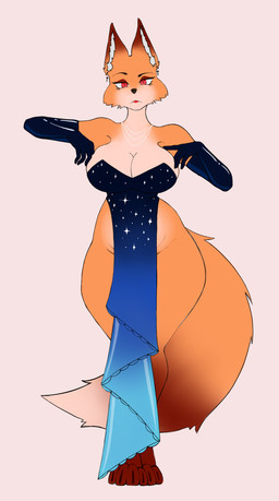 anthro armwear big_breasts breasts cleavage clothed clothed_anthro clothed_female clothing cross cross_ear_piercing cross_piercing dress ear_piercing elbow_gloves eyebrows eyelashes female female_anthro front_view fur gloves handwear jewelry multicolored_body multicolored_fur necklace orange_body orange_fur piercing red_eyes simple_background solo standing starry_dress tail thick_thighs white_sclera wide_hips fafas_123 canid canine fox mammal 2026 absurd_res digital_drawing_(artwork) digital_media_(artwork) full-length_portrait hi_res portrait