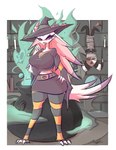 anthro big_breasts black_clothing bound breasts cauldron clothing duo female hat headgear headwear immobile male red_eyes rope witch_costume witch_hat adam_clowery helluva_boss blitzo_(helluva_boss) stella_(helluva_boss) avian bird humanoid imp owl owl_demon absurd_res hi_res